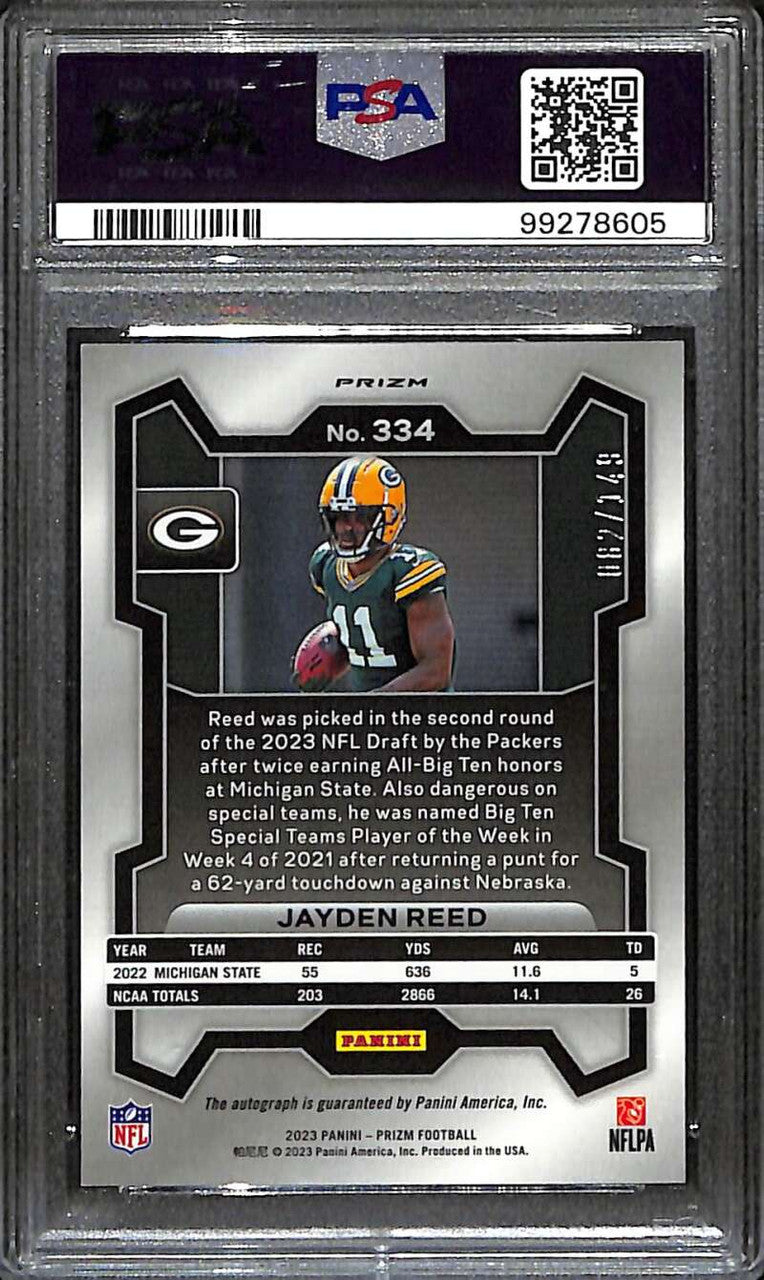 2023 Panini Prizm Autographs Prizms Red Wave 334 Jayden Reed RC Auto /149 PSA 9