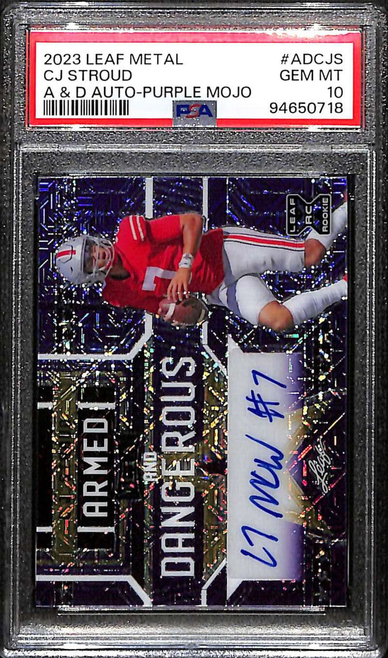 2023 Leaf Metal Armed and Dangerous Purple Mojo CJ Stround RC Auto 2/3 PSA 10