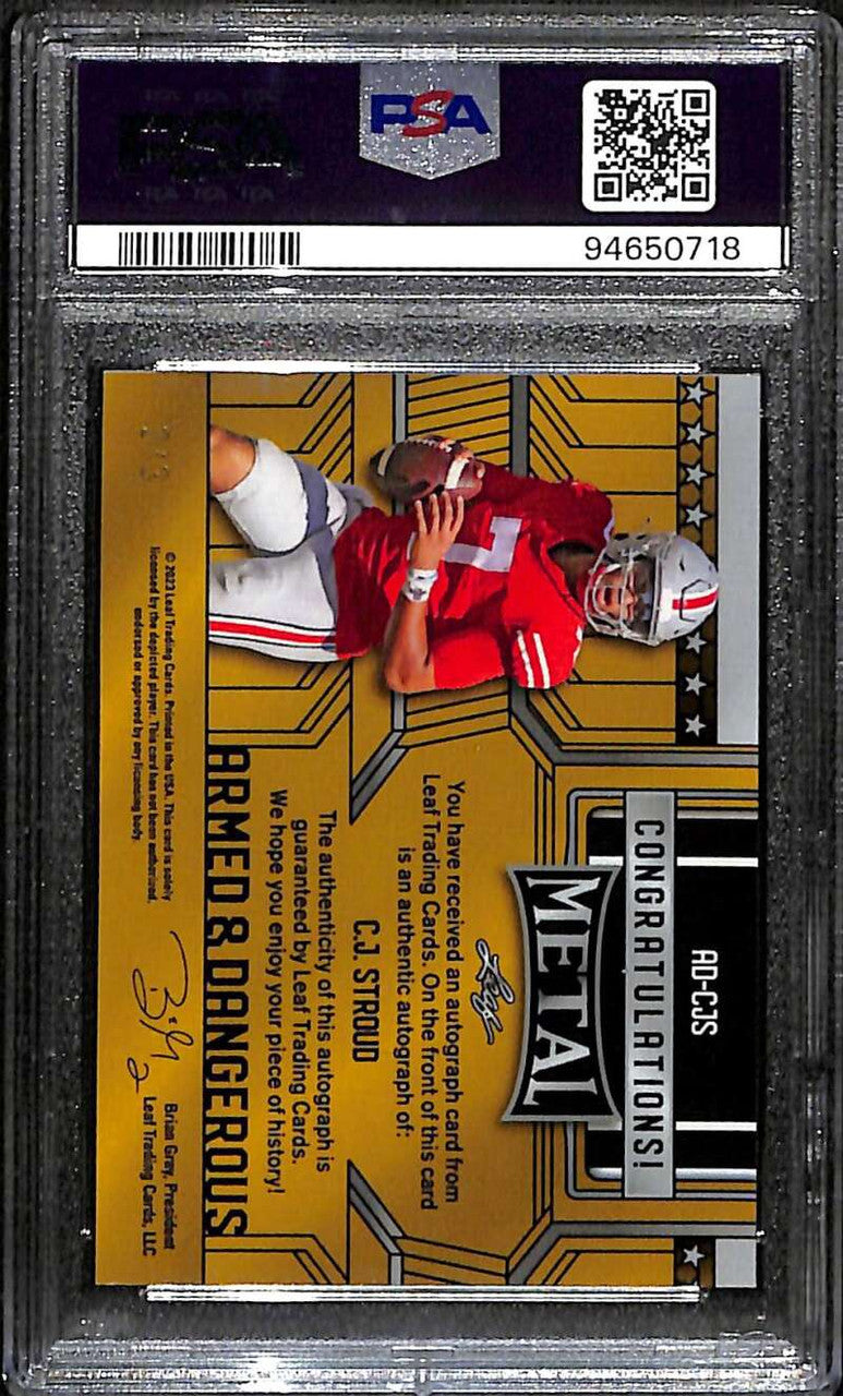 2023 Leaf Metal Armed and Dangerous Purple Mojo CJ Stround RC Auto 2/3 PSA 10
