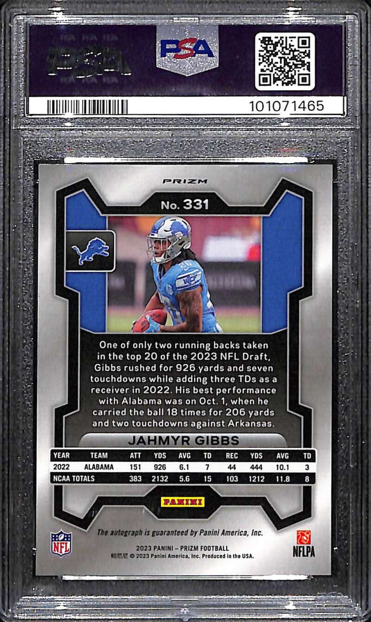 2023 Panini Prizm Autographs Prizms Silver 331 Jahmyr Gibbs RC Auto PSA 8 NM-MT