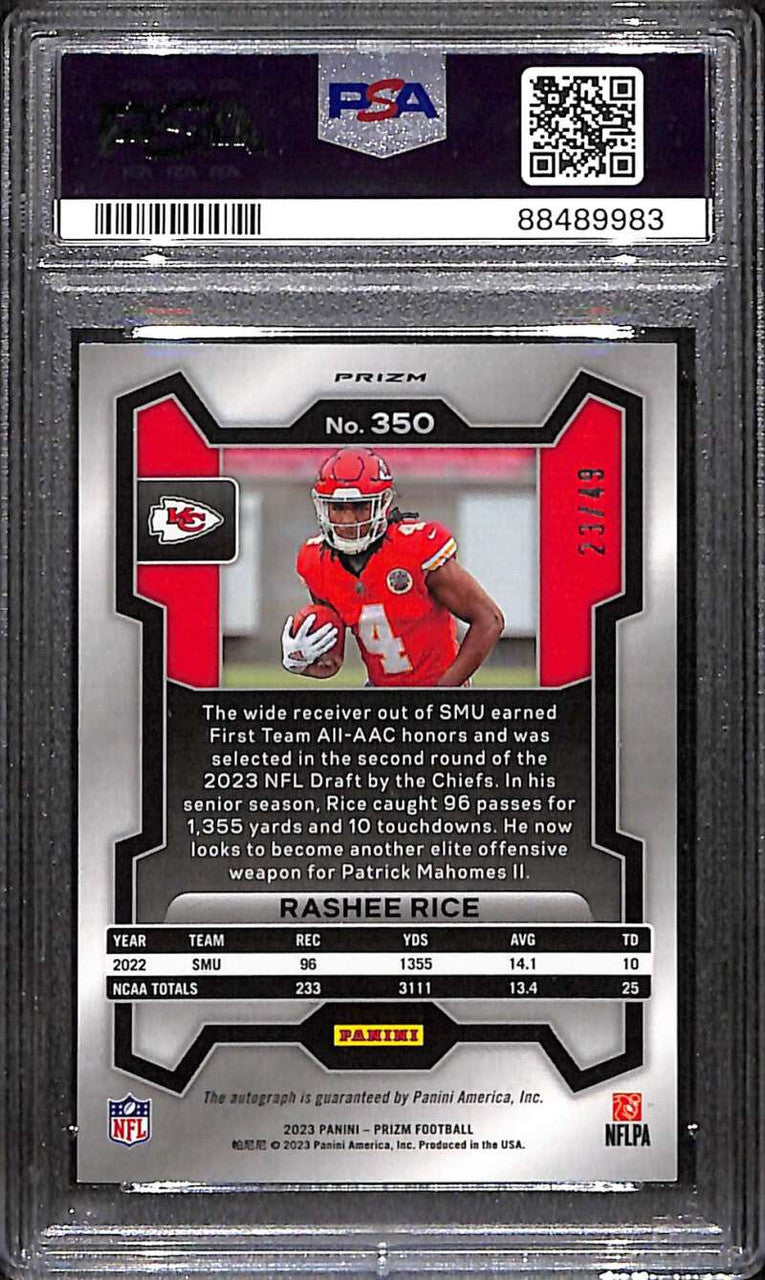 2023 Panini Prizm Autographs Purple Power 350 Rashee Rice RC Auto 23/49 PSA 9