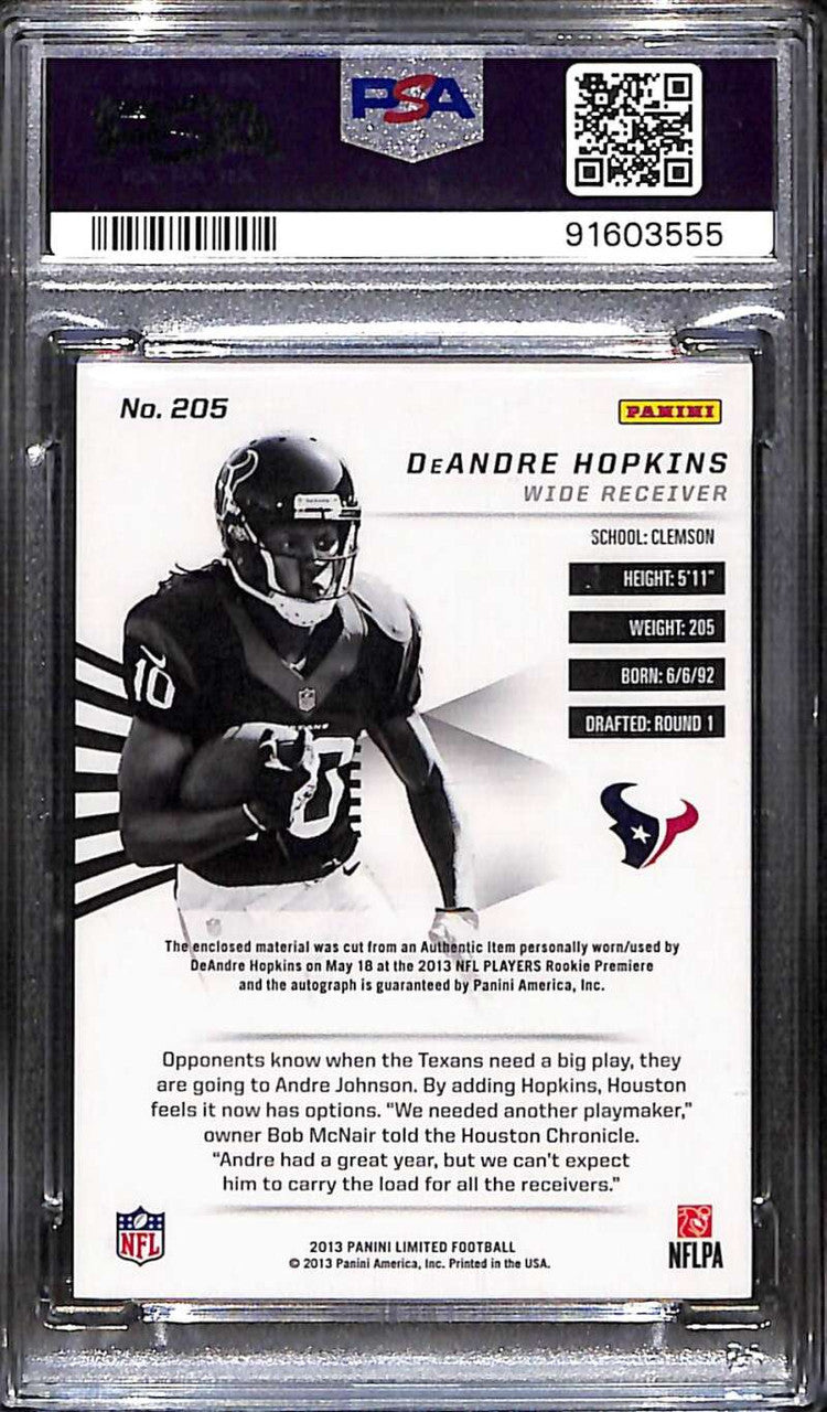 2013 Limited 205 DeAndre Hopkins Rookie Patch Auto 71/199 PSA 10 GEM MT