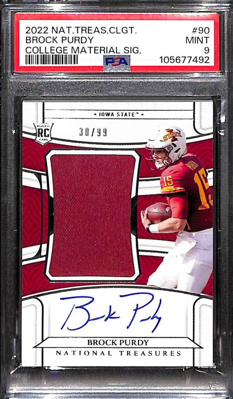 SOLD 172503 2022 Panini National Treasures Collegiate Brock Purdy RC Jersey Auto 30/99 PSA 9