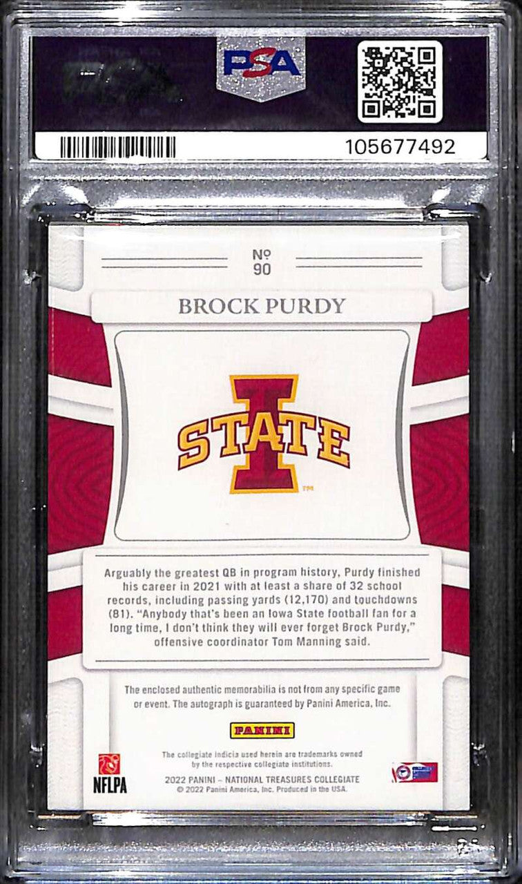 SOLD 172503 2022 Panini National Treasures Collegiate Brock Purdy RC Jersey Auto 30/99 PSA 9