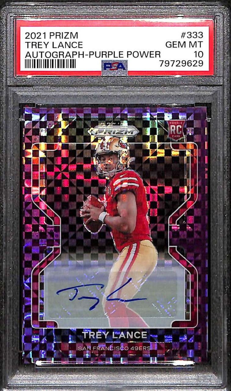 2021 Panini Prizm Rookie Autographs Purple Power Trey Lance RC Auto 14/49 PSA 10