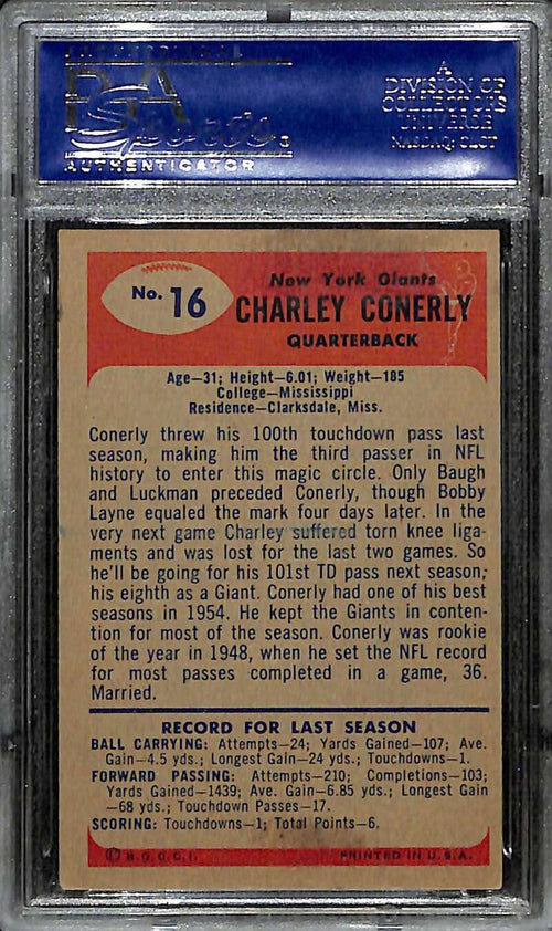 1955 Bowman 16 Charley Conerly PSA/DNA Certified Authentic Auto