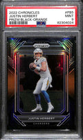 SOLD 172530 2022 Panini Chronicles Prizm Black Orange Refractor 5 Justin Herbert 21/75 PSA 9
