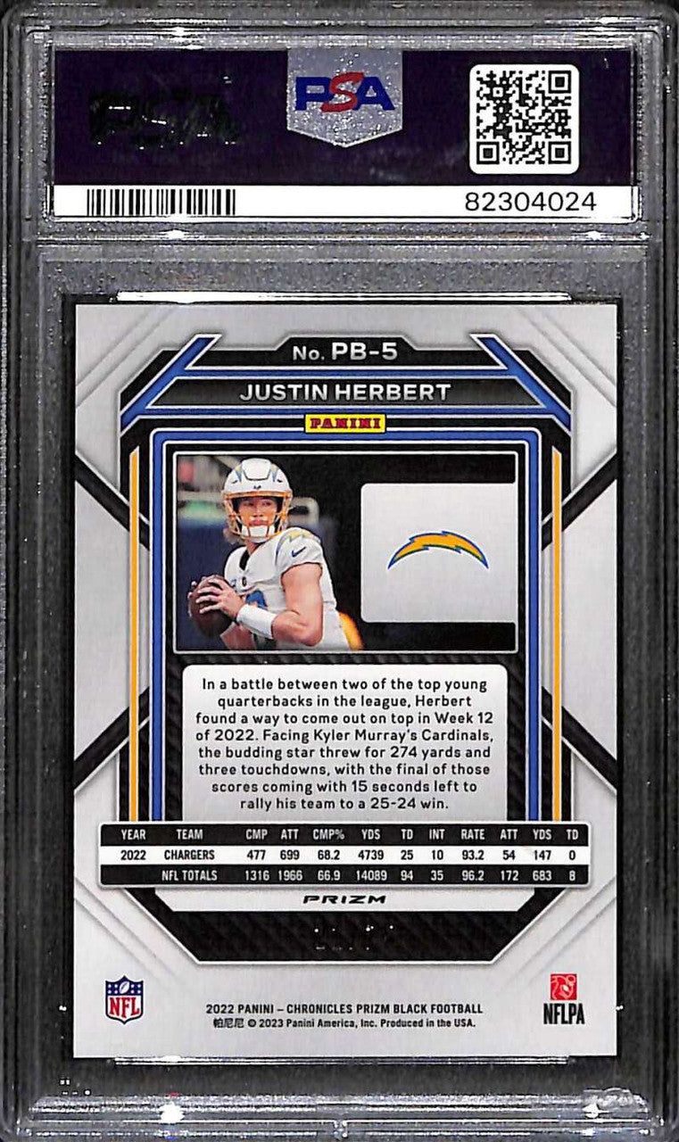 SOLD 172530 2022 Panini Chronicles Prizm Black Orange Refractor 5 Justin Herbert 21/75 PSA 9