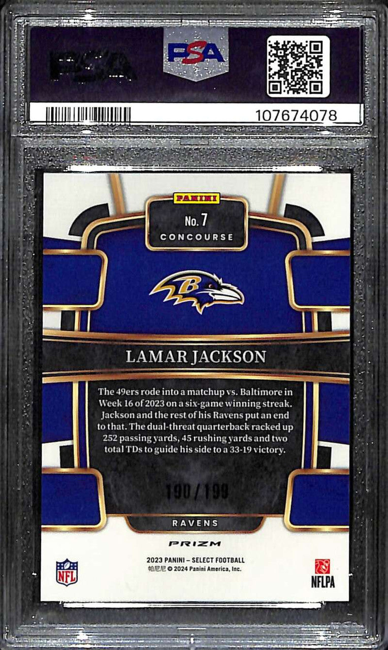 SOLD 172556 2023 Select Prizm Blue Refractor 7 Lamar Jackson 190/199 Concourse PSA 10 GEM MT