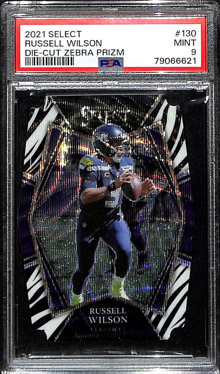 2021 Select Prizm Zebra Die Cut 130 Russell Wilson Premier Level PSA 9 MINT