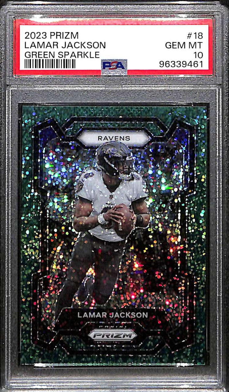 2023 Panini Prizm Prizms Green Sparkle Refractor 18 Lamar Jackson 3/8 PSA 10 GEM