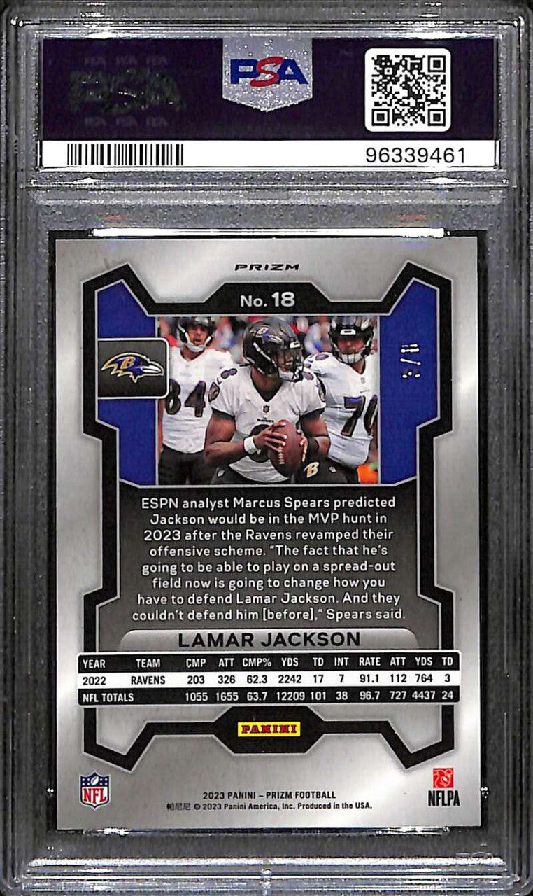 2023 Panini Prizm Prizms Green Sparkle Refractor 18 Lamar Jackson 3/8 PSA 10 GEM