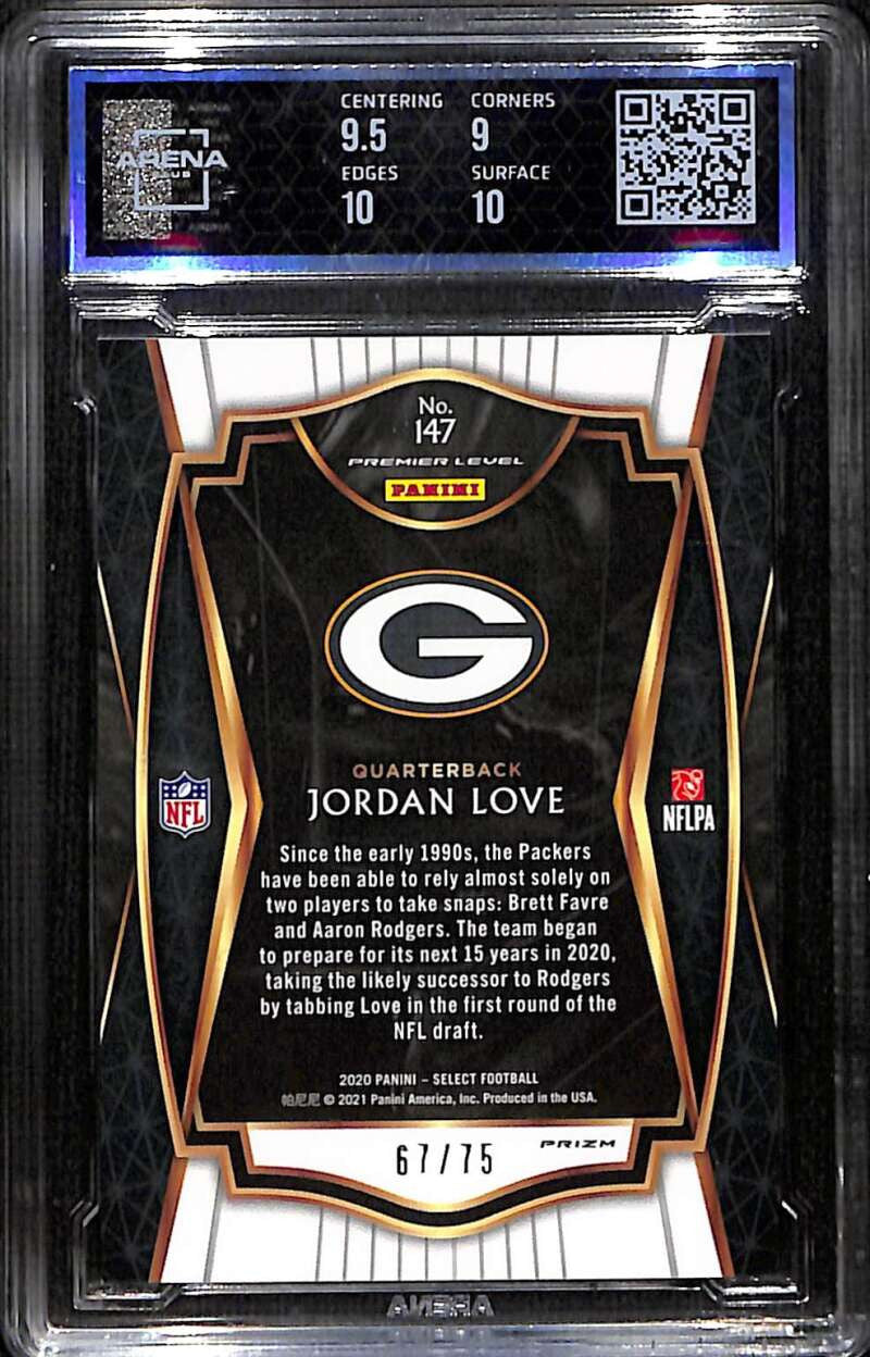 2020 Select Prizm Purple Refractor 147 Jordan Love Rookie 67/75 ARENA 9.5 MINT+
