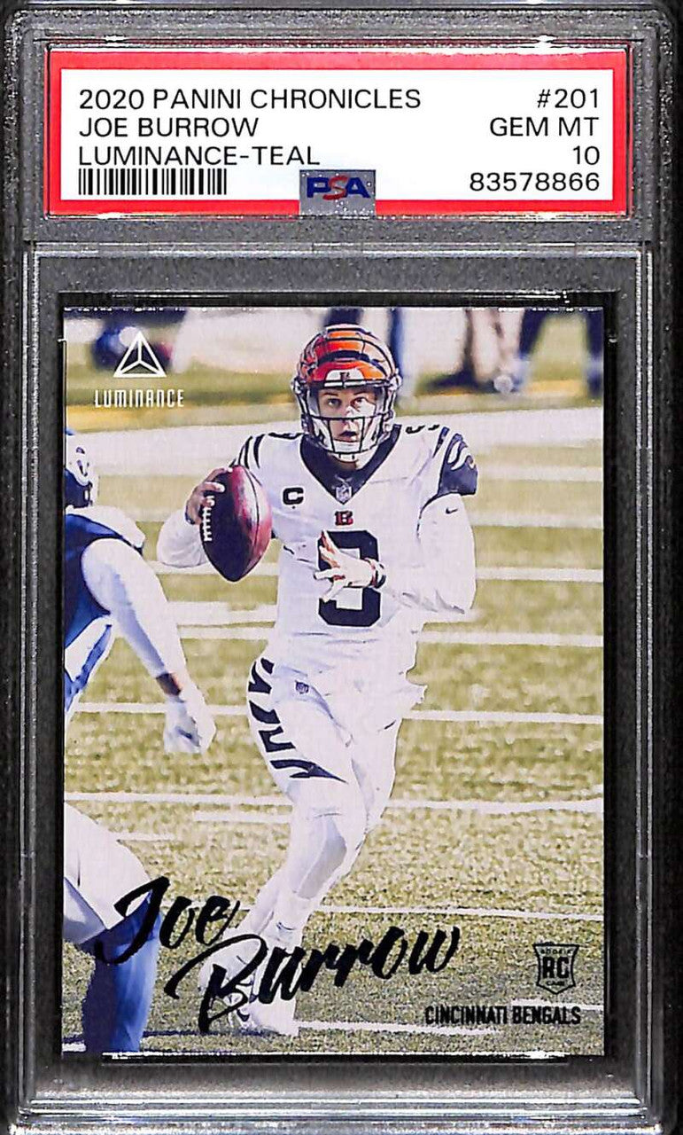 SOLD 172609 2020 Panini Luminance Teal 201 Joe Burrow Chronicles PSA 10 GEM MT