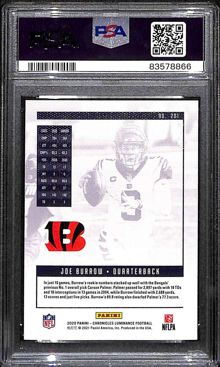 SOLD 172609 2020 Panini Luminance Teal 201 Joe Burrow Chronicles PSA 10 GEM MT