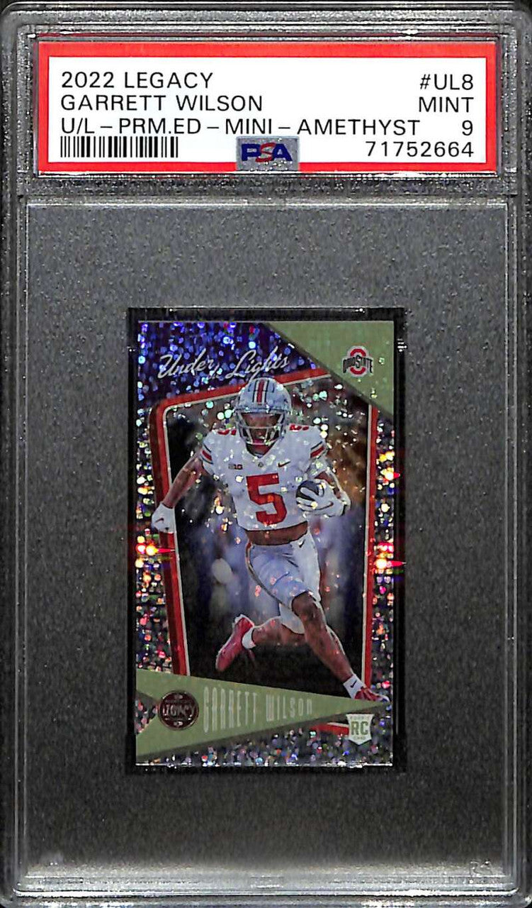 2022 Panini Legacy Under the Lights Amethyst Mini 8 Garrett Wilson RC 6/10 PSA 9