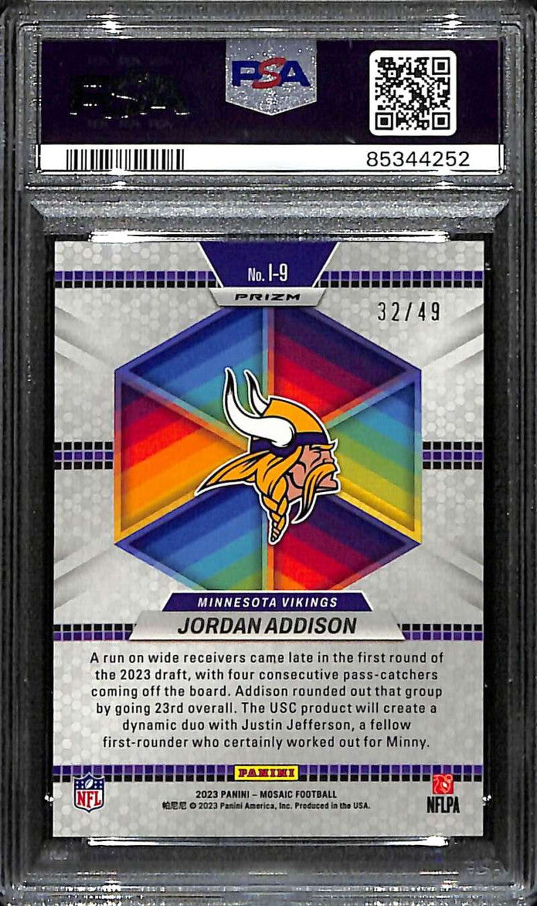 2023 Panini Mosaic Introductions Purple 9 Jordan Addison Rookie 32/49 PSA 10 GEM