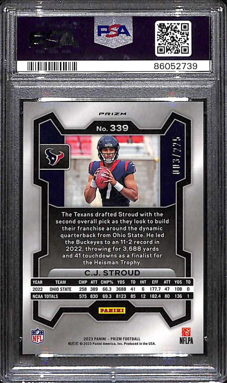 2023 Panini Prizm Prizms Purple Ice Refractor 339 C. J Stroud Rookie 3/225 PSA 9