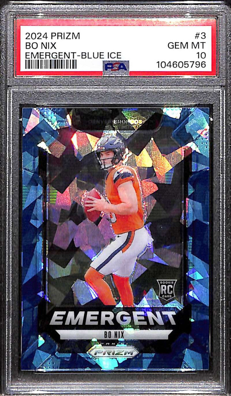 2024 Panini Prizm Emergent Prizms Blue Ice Refractor 3 Bo Nix RC 17/99 PSA 10