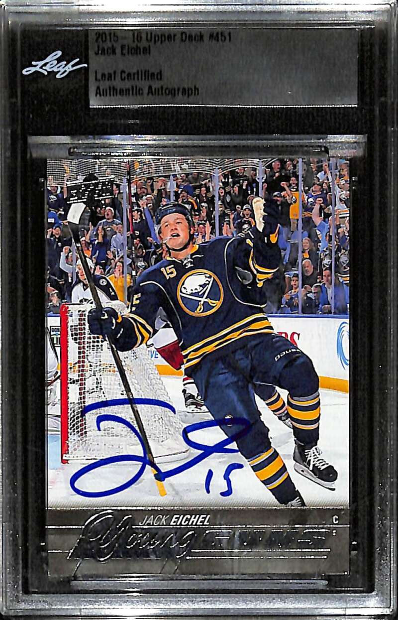 2015-16 Upper Deck 451 Jack Eichel RC Young Guns Leaf Certified Authentic Auto