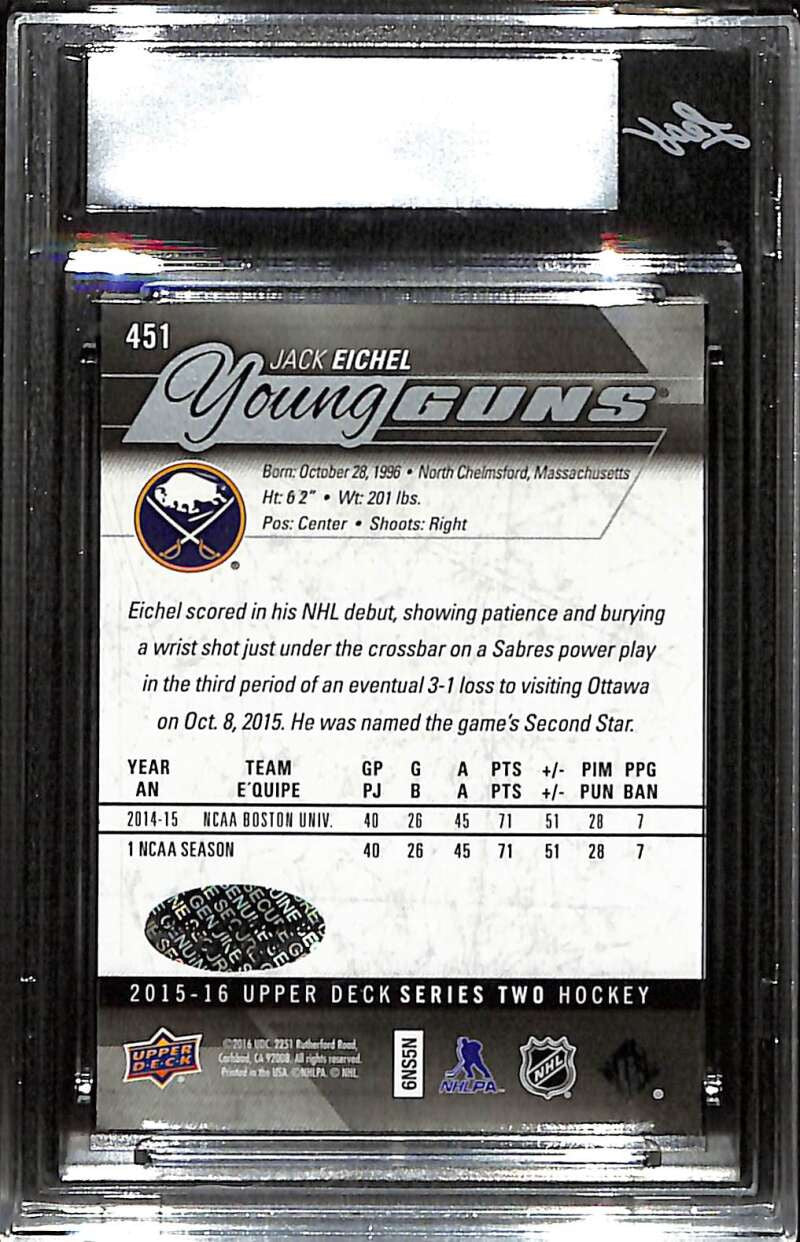 2015-16 Upper Deck 451 Jack Eichel RC Young Guns Leaf Certified Authentic Auto