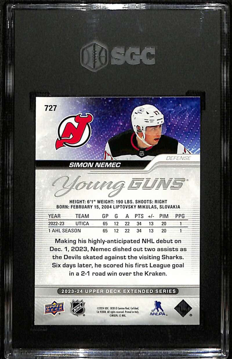2023-24 Upper Deck 727 Simon Nemec Rookie YG Young Guns SGC 10 GM 9327866