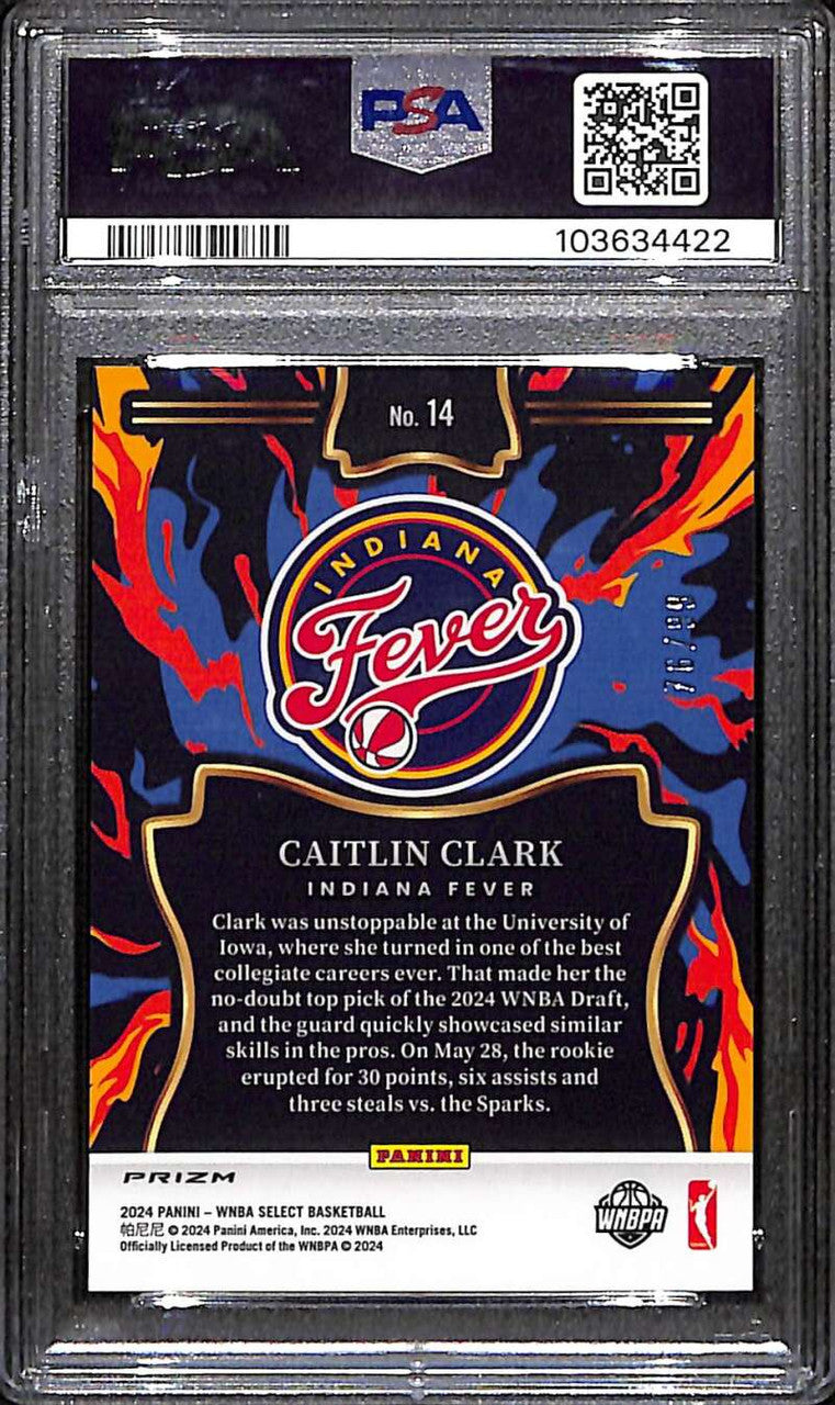 2024 Select WNBA En Fuego Blue Flash Prizms 14 Caitlin Clark RC 76/99 PSA 10 GEM