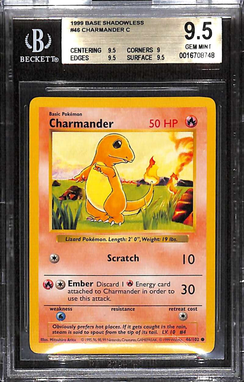 1999 Pokemon Base Shadowless 46 Charmander C BGS 9.5 GEM MINT 9.5 9 9.5 9.5