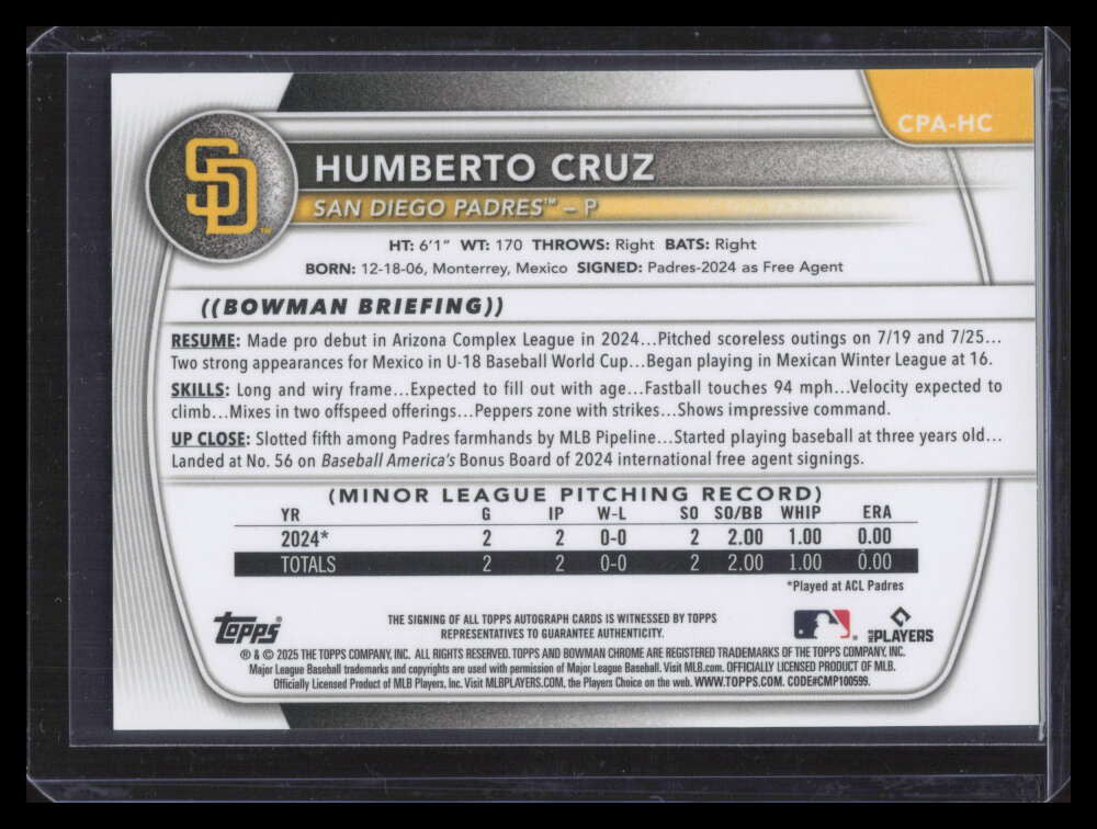 2025 Bowman Chrome Autographs Purple Refractor Jumberto Cruz Rookie Auto 39/250