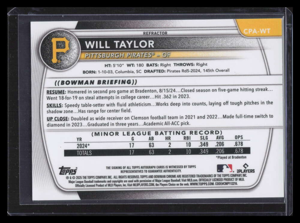 2025 Bowman Chrome Prospect Autographs Refractor Will Taylor Rookie Auto 59/499