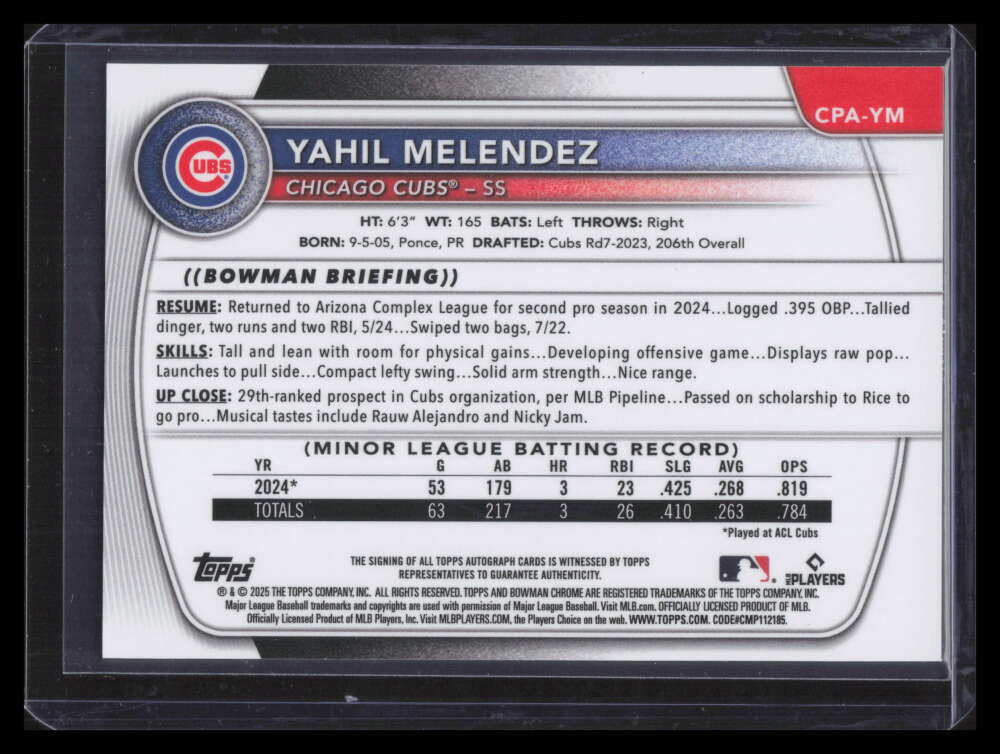2025 Bowman Chrome Autographs Blue Raywave Refractor Yahil Melendez RC Auto /150