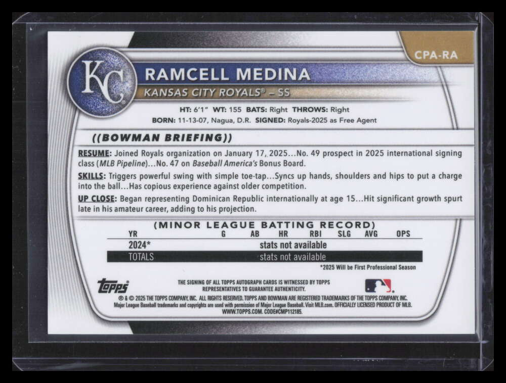 2025 Bowman Chrome Autographs Speckle Refractor Ramcell Medina Rookie Auto 1/299