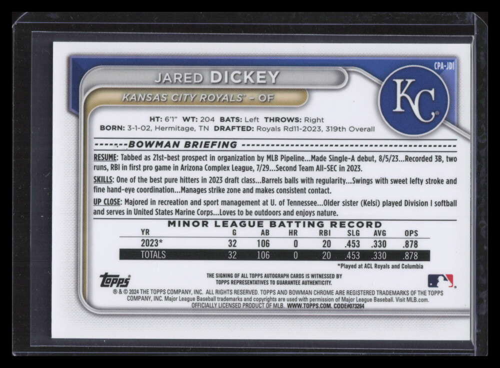 2024 Bowman Chrome Orange Shimmer Refractor Jared Dickey Rookie Auto 11/25
