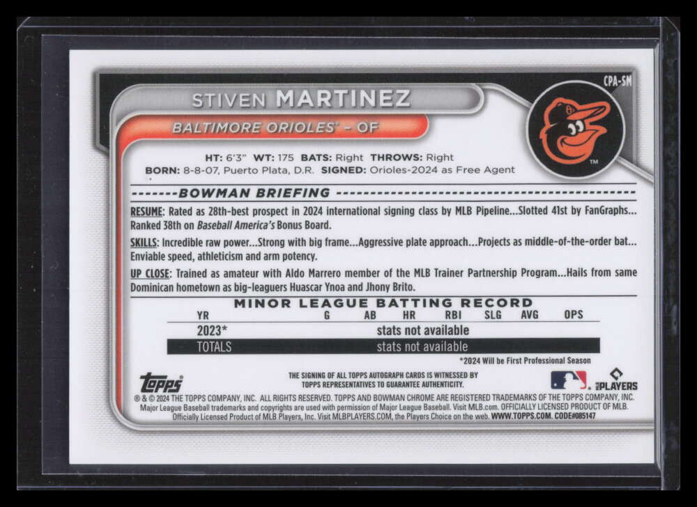 2024 Bowman Chrome Autographs Yellow Refractor Stiven Martinez Rookie Auto 8/75