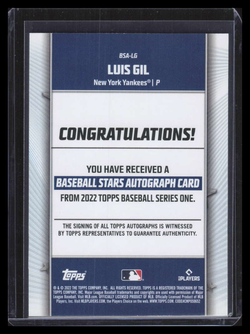 2022 Topps Baseball Stars Autographs BSALG Luis Gil Rookie Auto