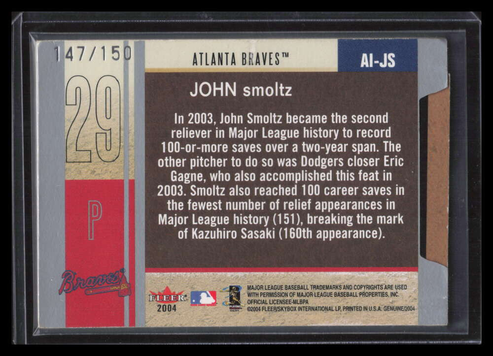 2004 Fleer Genuine Insider Autograph JS John Smoltz Auto 147/150 READ DAMAGED VG