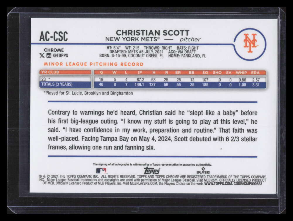 DELETE 172909 2024 Topps Chrome Update Purple Speckle Refractor Christian Scott RC Auto /299