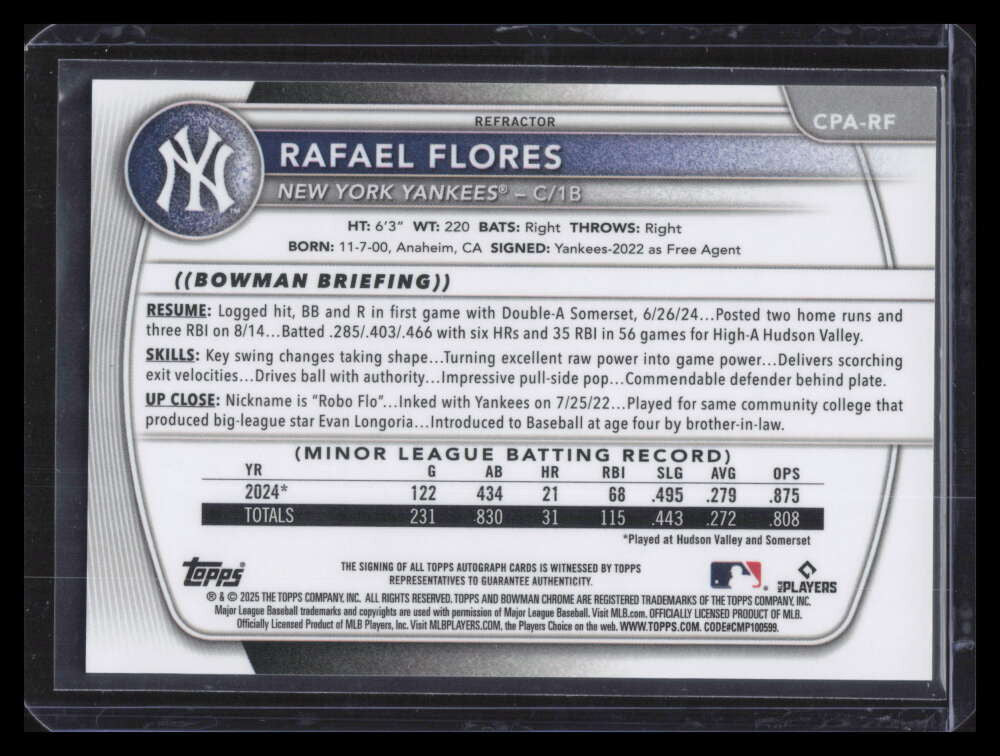 SOLD 172925 2025 Bowman Chrome Prospect Autographs Refractor Rafael Flores RC Auto 419/499
