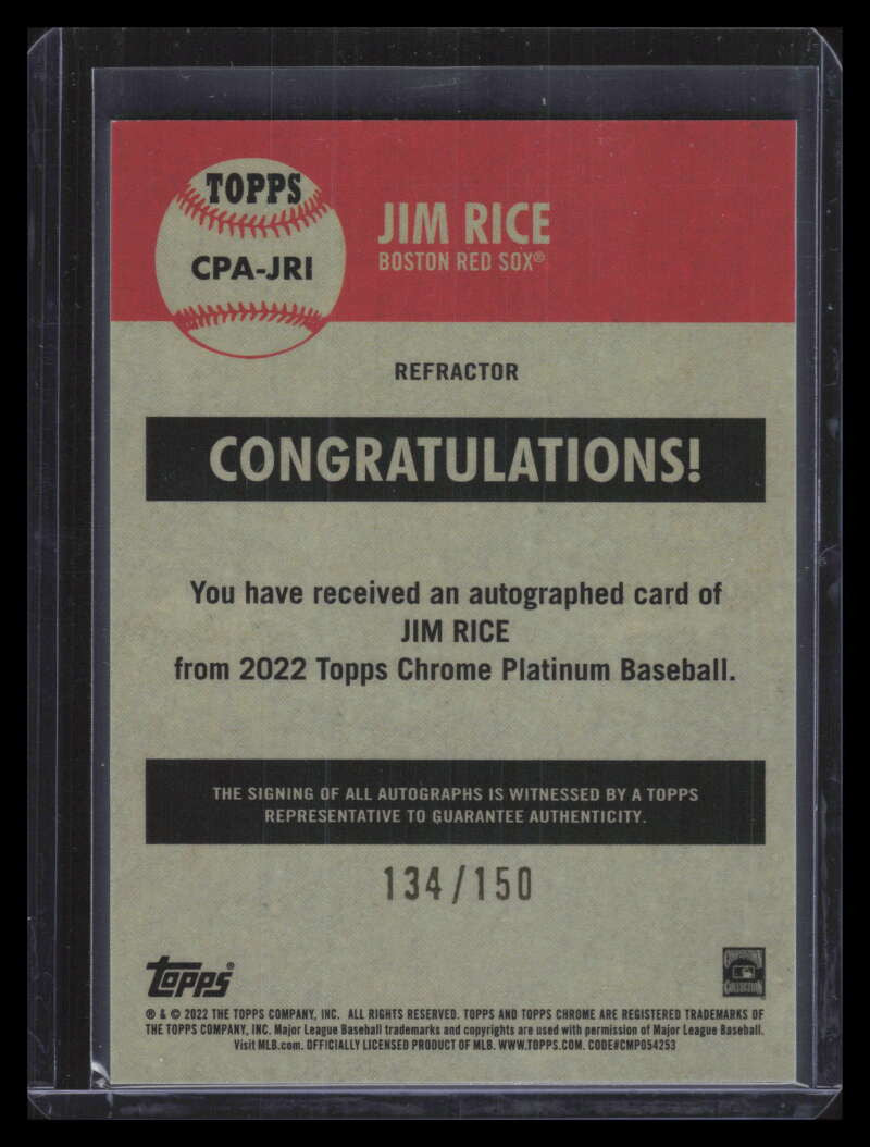 2022 Topps Chrome Platinum Autographs Aqua Refractor Jim Rice Auto 134/150