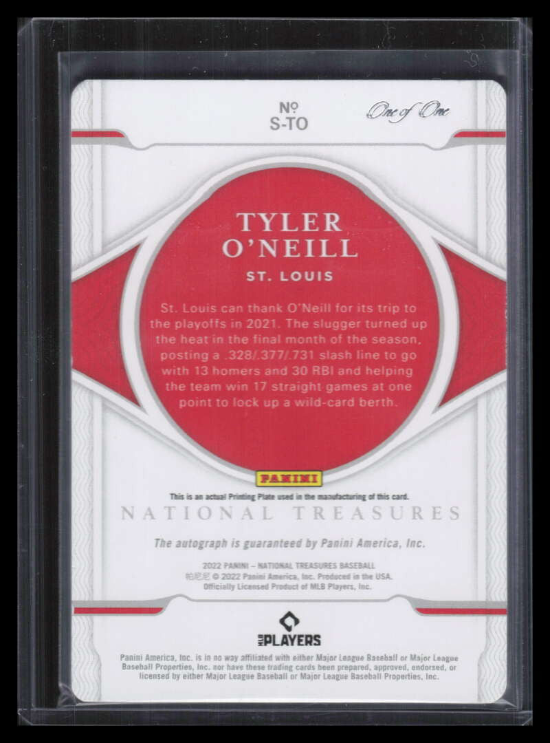 2022 Panini National Treasures Signatures Printing Plate Tyler O'Neill Auto 1/1