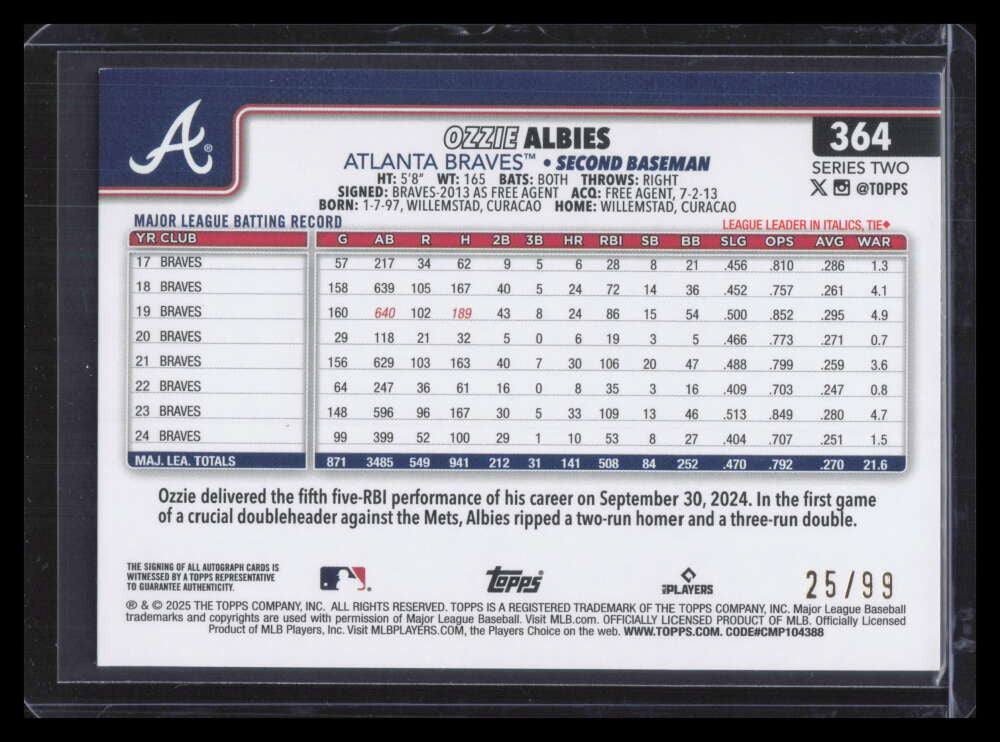 2025 Topps Flagship Real One Autographs Green Foil 364 Ozzie Albies Auto 25/99