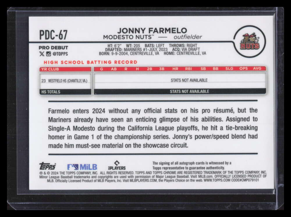 2024 Topps Pro Debut Chrome Autographs Orange Refractor Jonny Farmelo RC Auto 25
