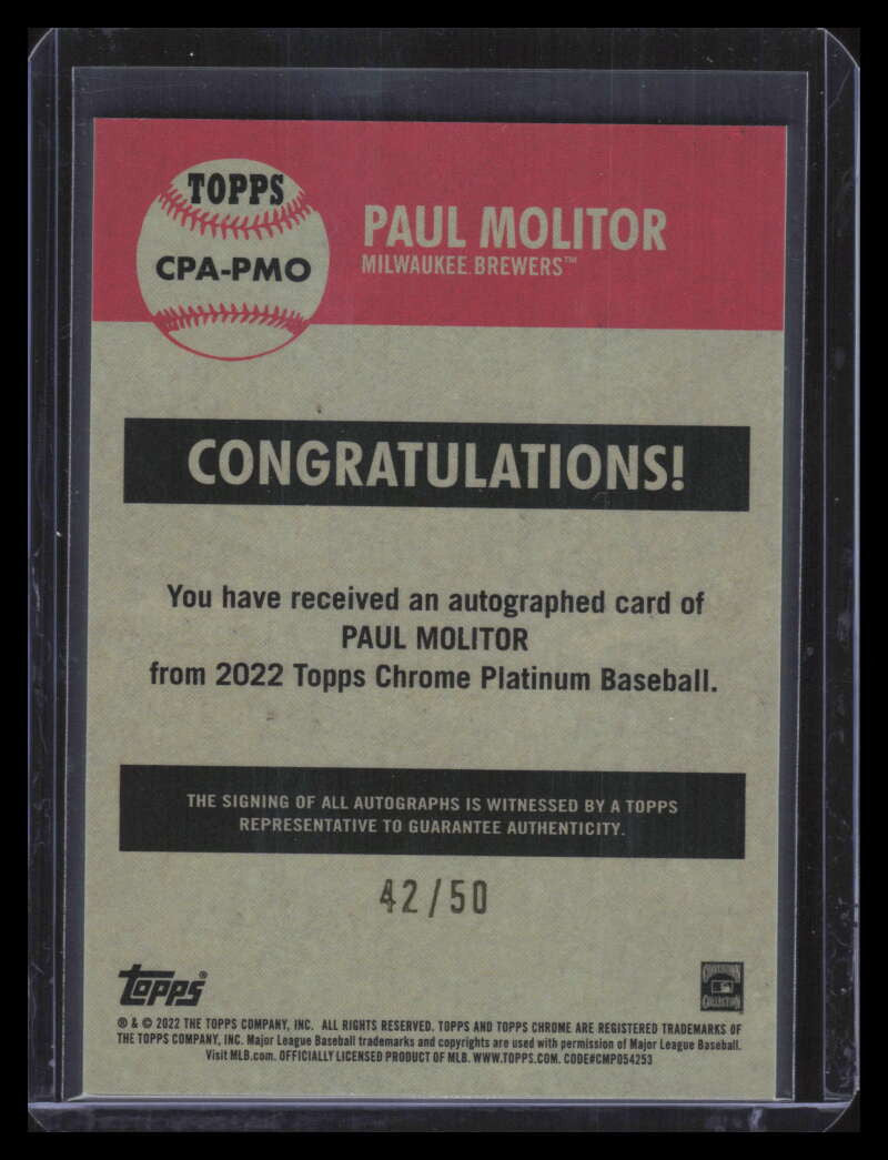 2022 Topps Chrome Platinum Autographs Gold Refractor Paul Molitor Auto 42/50