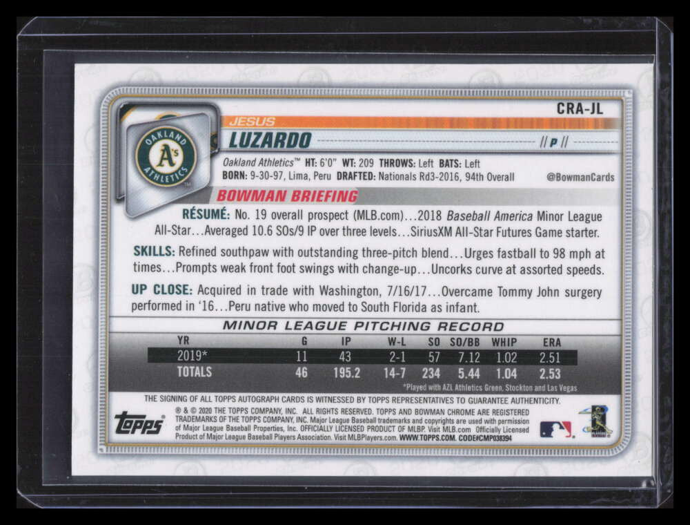 2020 Bowman Chrome Autographs Atomic Refractor Jesus Luzardo RC Auto 97/100