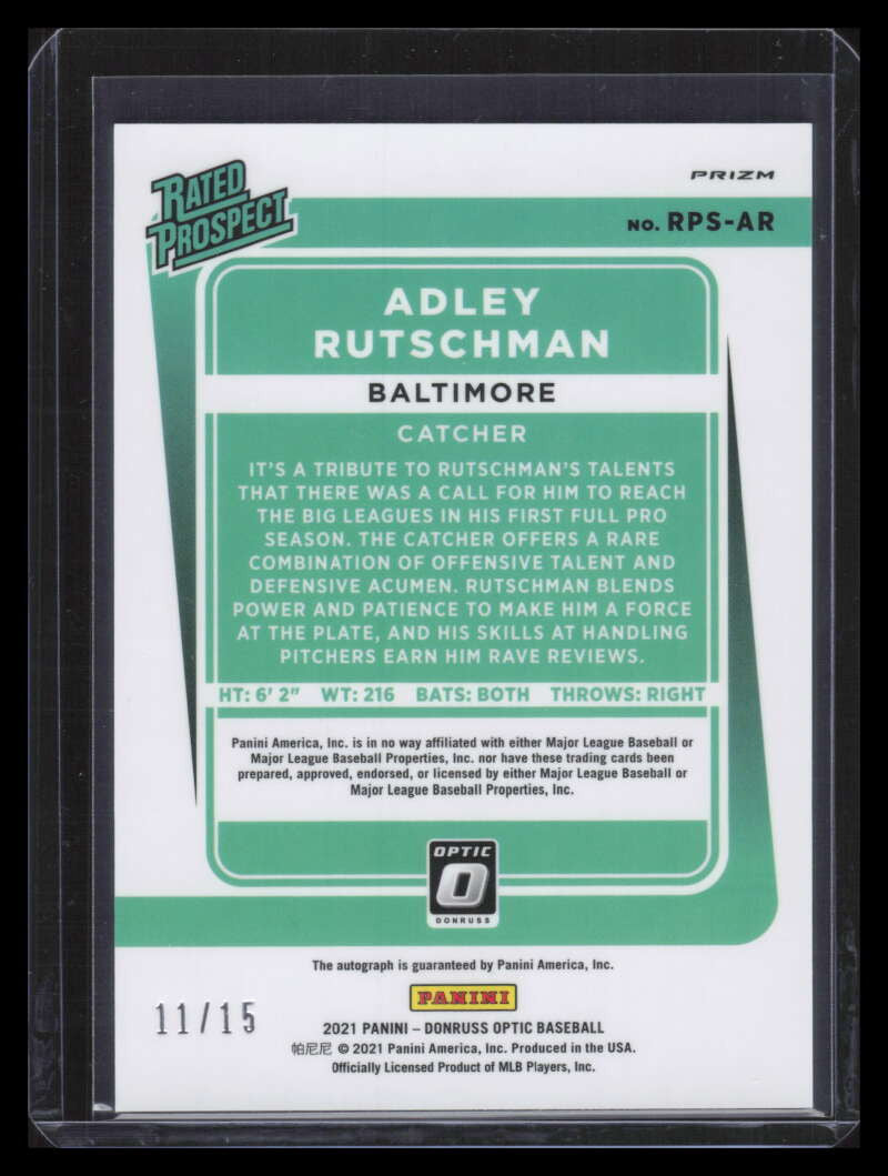 2021 Donruss Optic Signatures Carolina Blue Velocity Adley Rutschman RC Auto /15