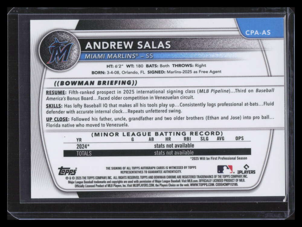 2025 Bowman Chrome Autographs Mini-Diamond Refractor Andrew Salas RC Auto 22/100