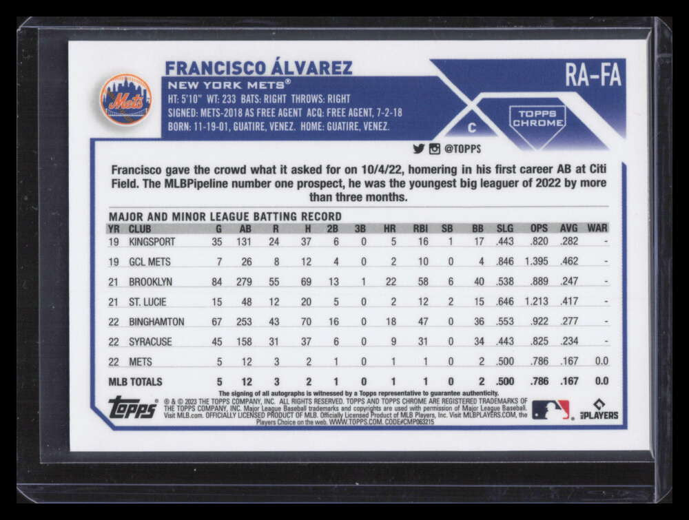 2023 Topps Chrome Autographs Purple Refractor Francisco Alvarez RC Auto 150/299