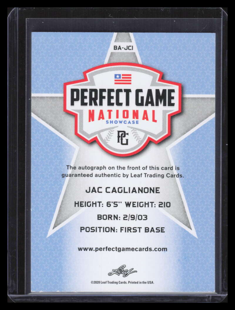 2020 Leaf Perfect Game National Showcase Autographs Jac Caglianone RC Auto 42/50