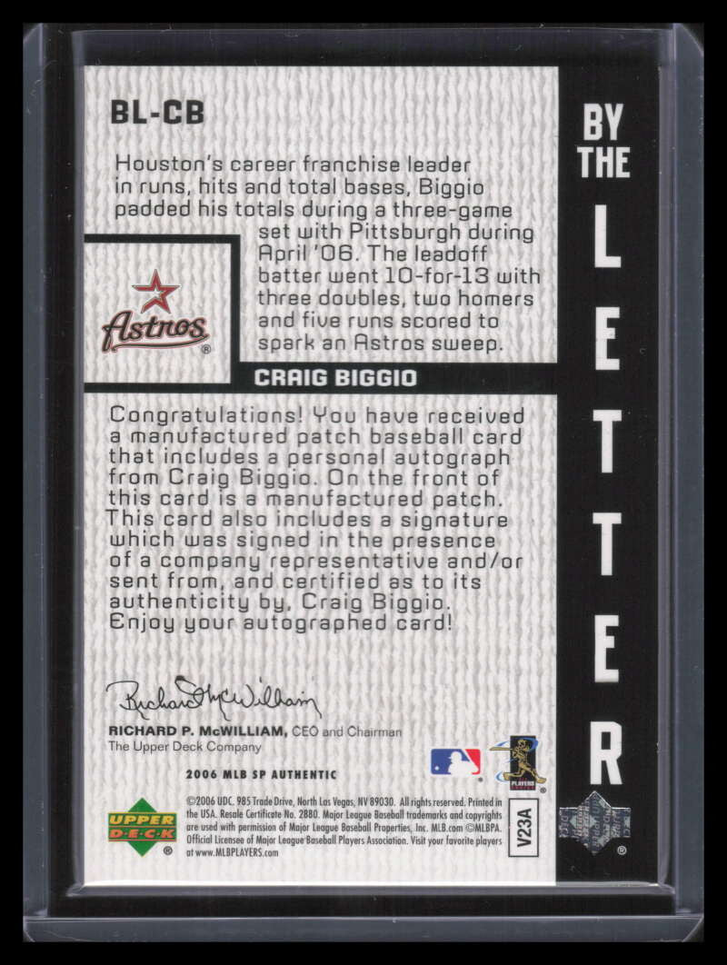 2006 SP Authentic By the Letter CBI Craig Biggio Letter Patch Auto 91/110
