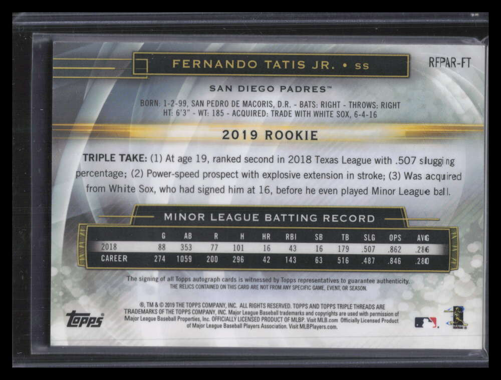 2019 Topps Triple Threads Amethyst RFPARFT Fernando Tatis RC Jersey Auto 70/75